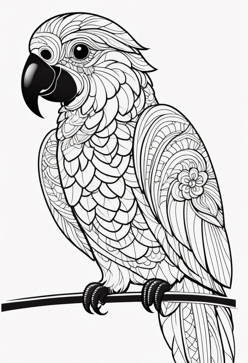 happy white and black parrot, Simplified Mandala style, outline, vector, white background