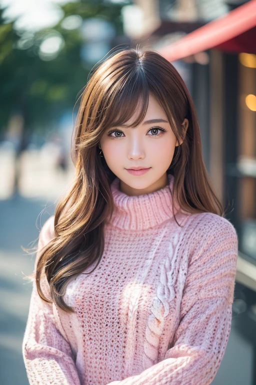 (masterpiece:1.5)、(Realistic:1.5)、(Highest quality:1.4、8K、RAW Photos)、 Ultra-high resolution、Professional Lighting、Perfect dynamic composition、Photo shoot at an antique and stylish cafe、 Film Grain、chromatic aberration、(Bokeh:1.1)、 Frank、Sophisticated、charm、超Realistic、High detail、Golden Ratio、 girl)、細身のgirl、繊細でcharmgirl、Cute Woman:1.4、 Serious expression、Looking at the audience、Sculptural installation、Light brown hair、Shiny Hair、Long Hair、 Realistic Skin、 smile、Beautiful Eyes、double eyelid、Thin arms、(Wearing a pink knitted sweater:1.3)