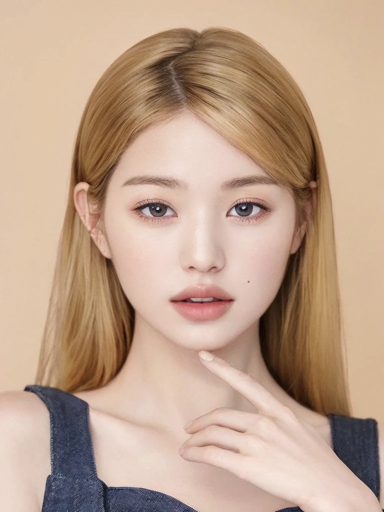 Fox eyes. Amber eye color. Very light blond. Bright skin.