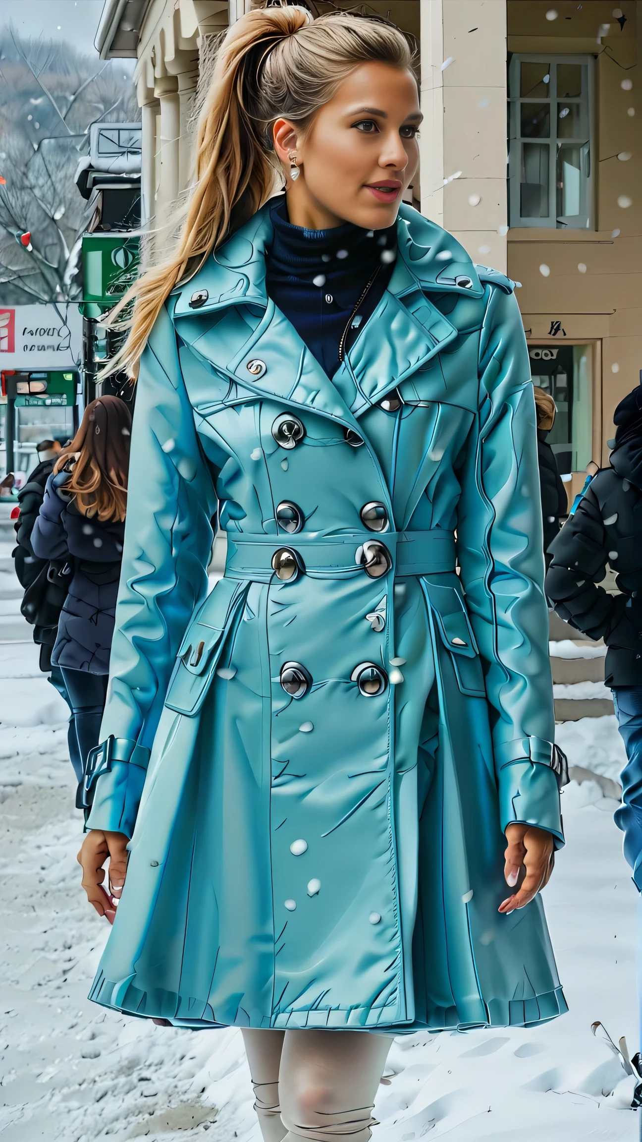 Real, realistic, 1girl, twin ponytail tail hairstyle, objectively beautiful, very long blonde hair, winter, plaza, shopping, fashion photography, 1girl, aqua Pr1nc0at, latex, buttoned, double breasted, mid shot, snowing, 