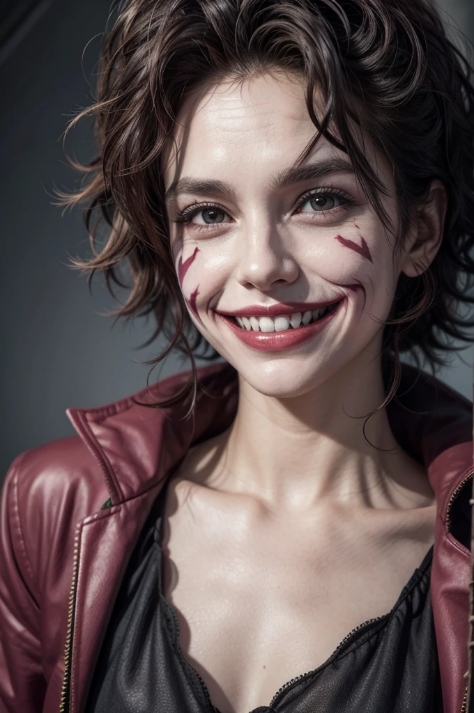Joker wild hair detailed, smiling perfect skin, dentes pontudos, scary face
