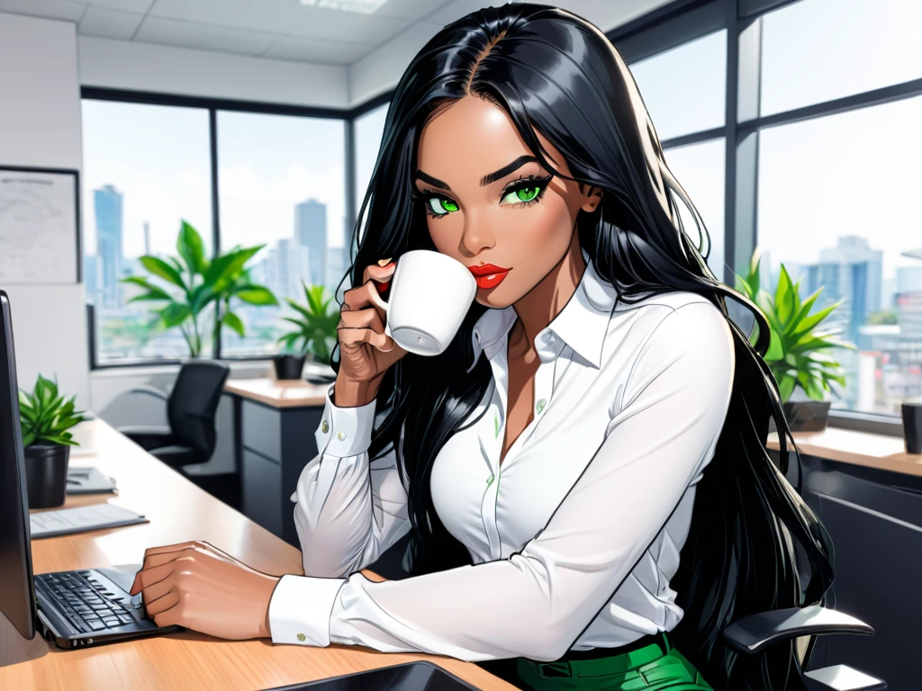 Female Jamaican, insta model, athletic, green eyes, long black hair, white shirt, sat at desk, drinking coffee, office, 2d comic style