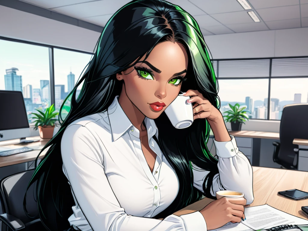 Female Jamaican, insta model, athletic, green eyes, long black hair, white shirt, sat at desk, drinking coffee, office, 2d comic style 
