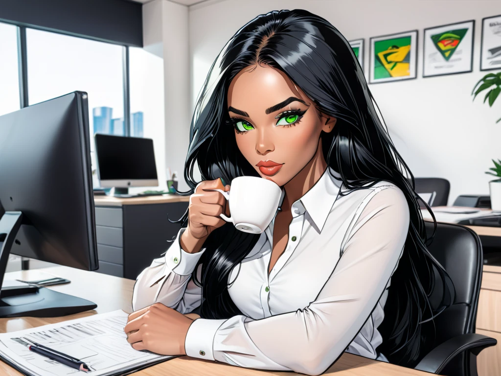 Female Jamaican, insta model, athletic, green eyes, long black hair, white shirt, sat at desk, drinking coffee, office, 2d comic style