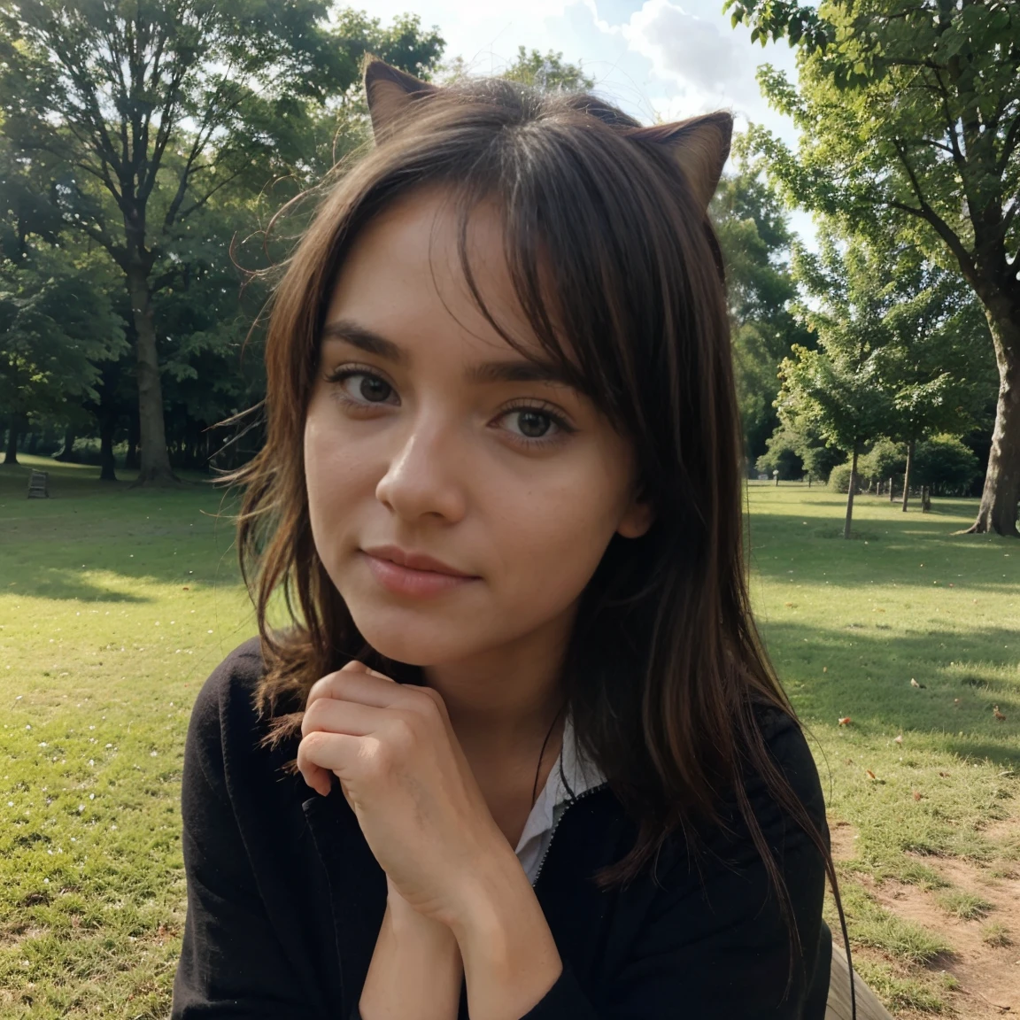 Lucie qui caresse un chat dans un parc