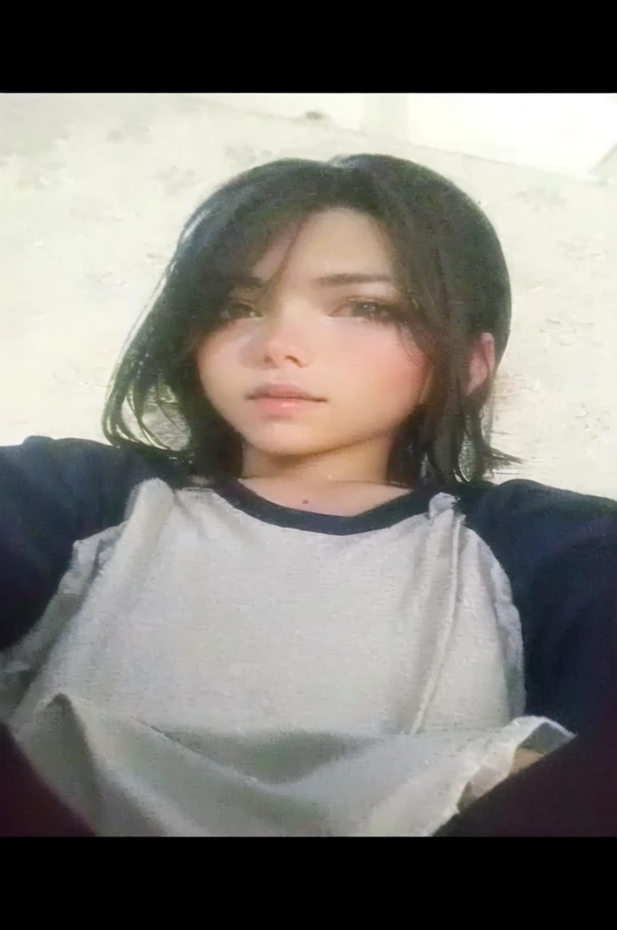 there is a young anime girl with a blue shirt and a white shirt, with short hair, with long hair, picture, with accurate face, cindy avelino, 18 years old, desaturated!!, dang my linh, old picture, 1 6 years old, in tshirt, selfie photo, 🤤 girl portrait, by :5 sexy: 7, (((low light)))