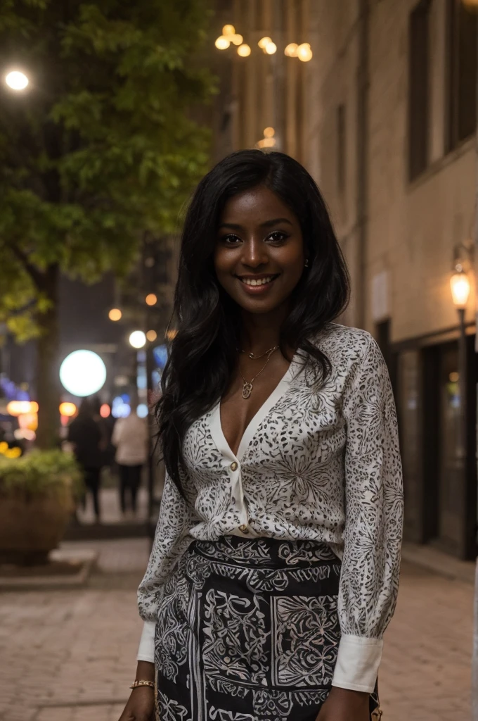 Asha, 1girl, solo, (((Ebony))), (((Dark skin))), (((SFW))), (((non-explicit))), 30 years old, (mature), wearing white printed blouse and Cardigans and Maxi Skirts, upper body shot, smiling, upper body and upper legs, medium long hair, outside Town Squares at night