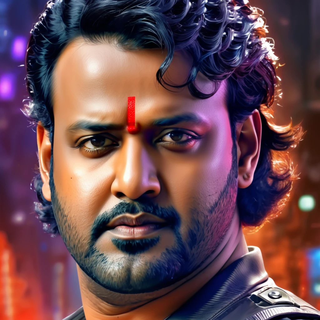 Create a portrait of actor prabhas as futuristic gangster,in a cyber world