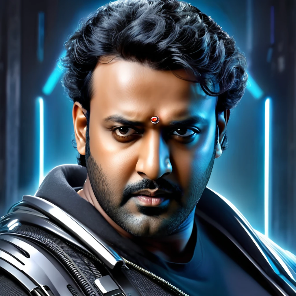 Create a portrait of actor prabhas as futuristic gangster,in a cyber world