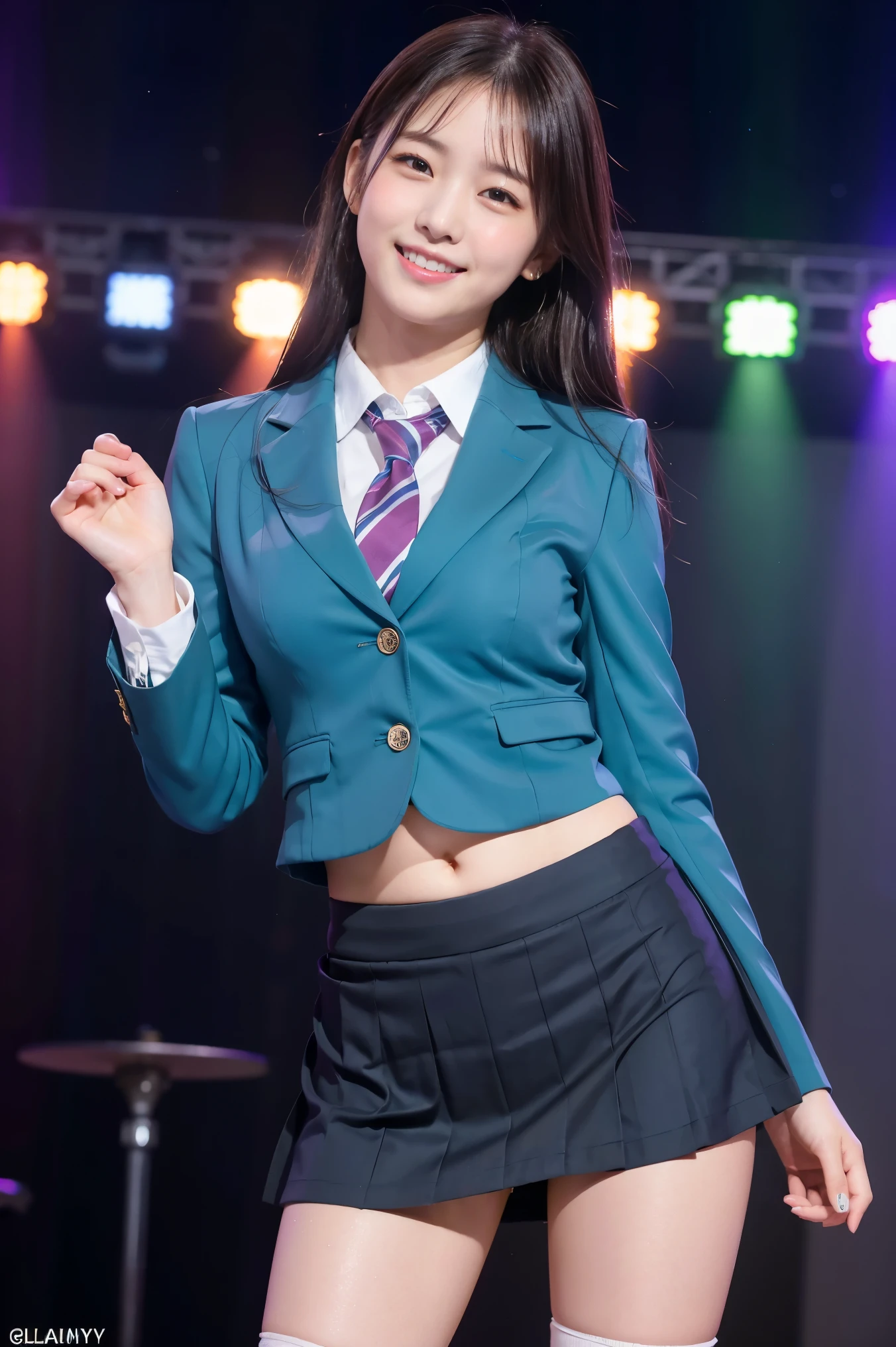 (8k), (highest quality: 1.2), (Realistic), (Realistic: 1.37), Ultra-high resolution, 1 girl, cute, (Embarrassed smile:1.2), (Blushing:1.4)Mouth closed, Beautiful details, Beautiful Nose, Wet Hair, Giant Dulcefo, pork, Thighs,Navel exposed,University Student Uniform,A simple blazer,Pleated skirt,Platform boots,Dancing on the school stage,(Shiny Thighs:1.2),Medium Shot,Thick thighs,