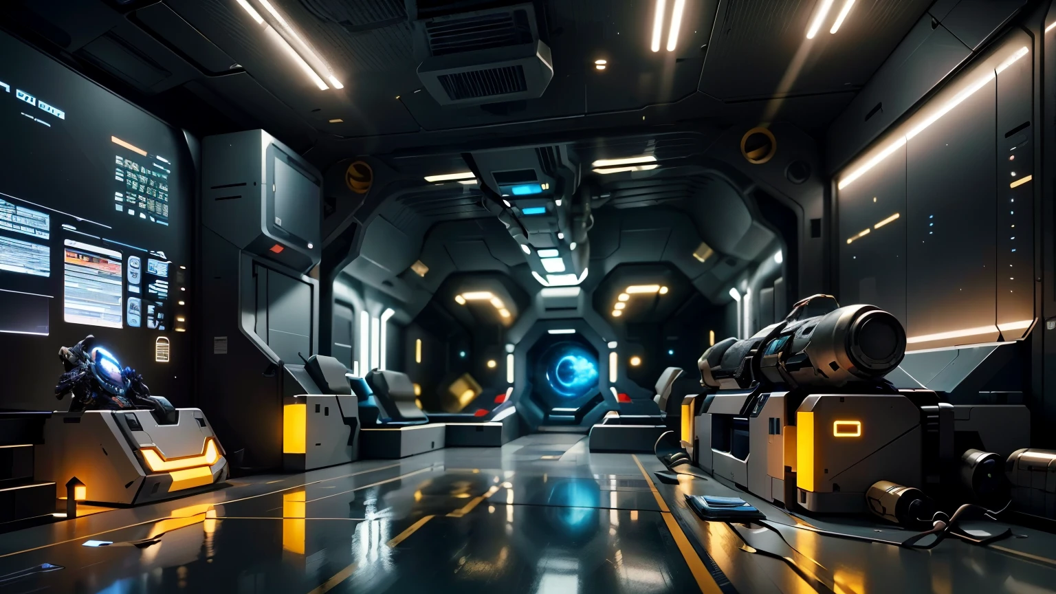 There is a room with many windows and a hacker code monitor, Inside the future military base,There are sealed bullet arm boxes on the ground, Ultra-detailed concept art, Detailed 4K concept art, high-quality concept art, Highly detailed concept art, Detailed spaceship interior, Original concept art, space station interior, Detailed sci-fi background, Mass Effect concept art, Sci-fi interior, 概念艺术作品masterpiece((masterpiece)),(((best quality))),(Epic dramatic moment),
