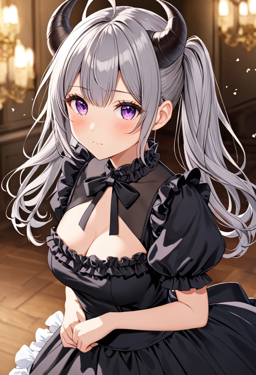 1girl, solo, long hair, breasts, looking at viewer, blush, bangs, dress, twintails, medium breasts, closed mouth, purple eyes, ahoge, short sleeves, grey hair, frills, horns, puffy sleeves, hair bun, black dress, puffy short sleeves, frilled dress