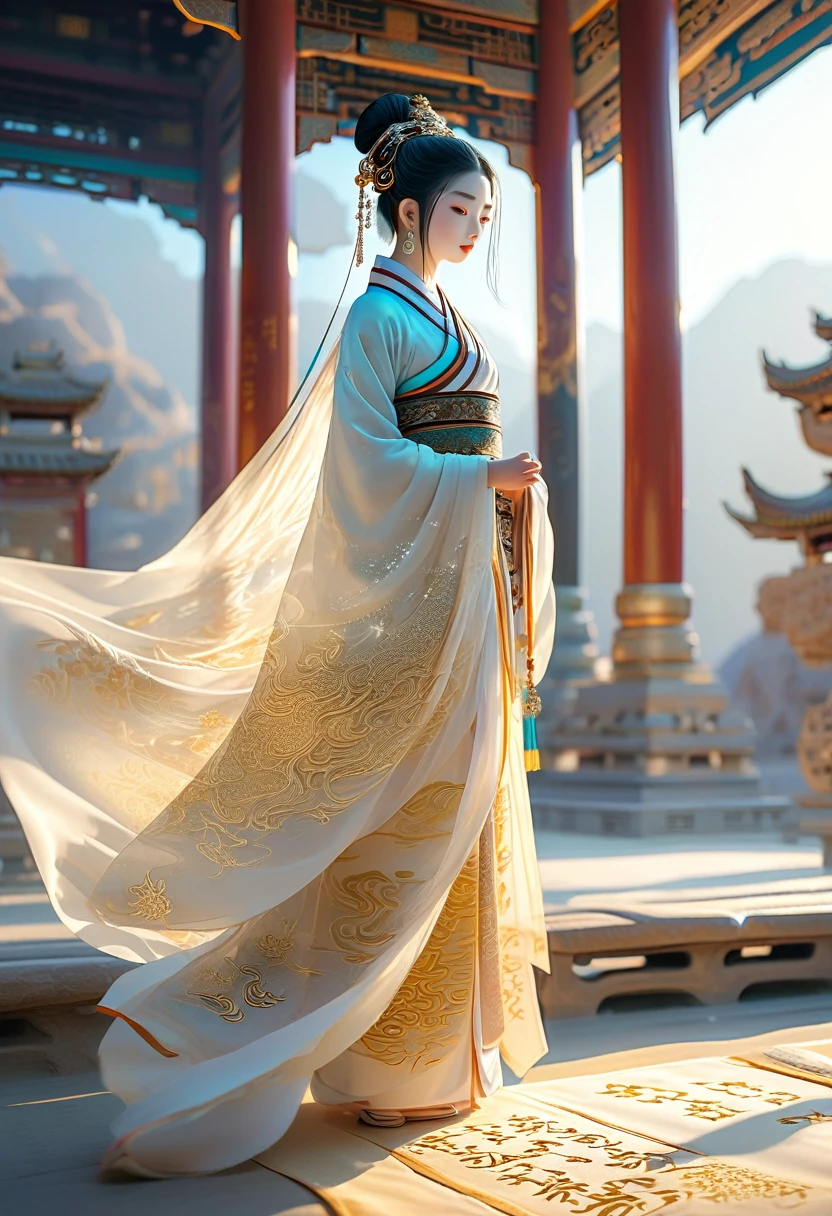 illustration, Dunhuang art style, extremely long shot, a tiny mysterious figure, wearing traditional silk skirt, standing on the long ancient soft scroll with golden ancient words, zen style, brilliant stars, light and shadow, ancient rhyme white, epic science, extremely delicate brushstrokes, 3D rendering, photorealistic, shot by DJI