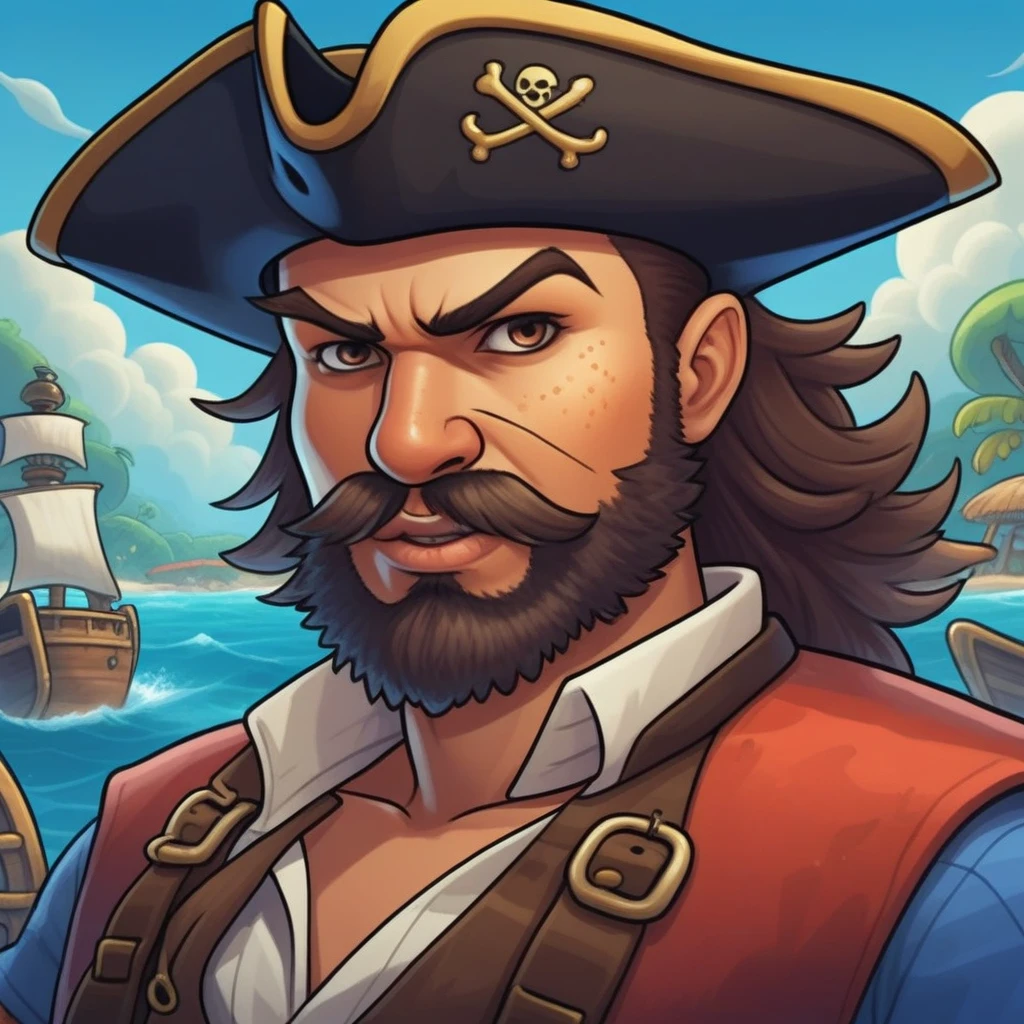 pirate man closed up face , mobile game art, banner, detailed game art, stylized game art, 8k highly detailed , game illustration, splash screen art, full card design, wallpaper!, extended art, adtime