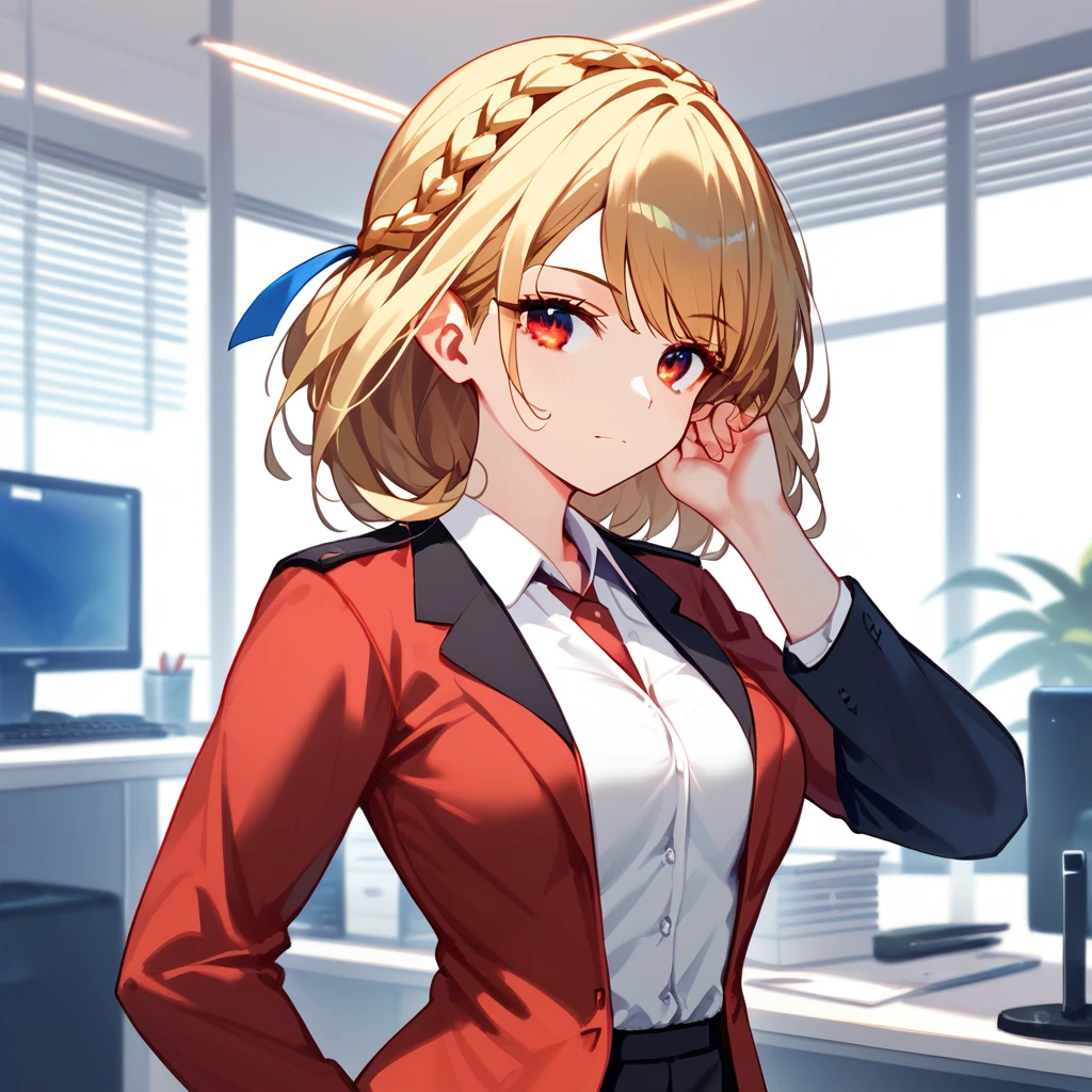 1girl, medium breasts, medium hair, (blond hair), french braid, red eyes, Office suit, ((sexy posing:1.5)), (sensual pose), Office, view the Watching, score_9, score_8_up, score_7_up, score_6_up, score_5_up, score_4_up, BREAK, 