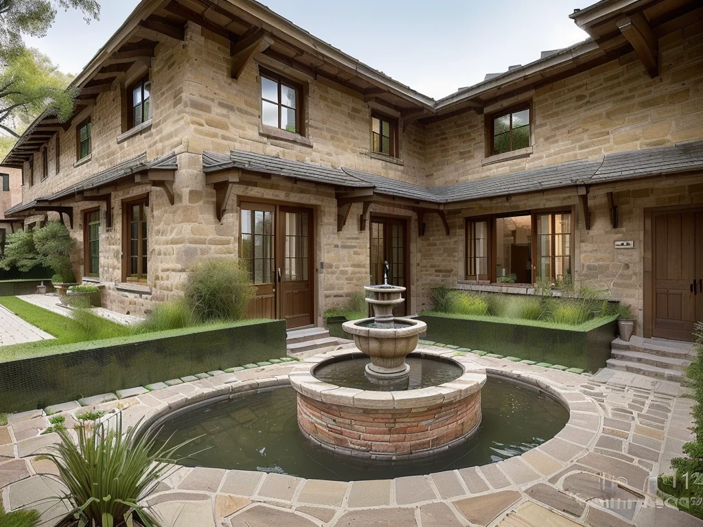 (((Masterpiece))), (high quality),(Small Western-style building,One-storey,Cobblestone garden:1.5),(Broken small fountain,There is no water coming out:1.2),(There is no one here:1.2),(Long Shot,Photograph the entire Western-style building:1.5)