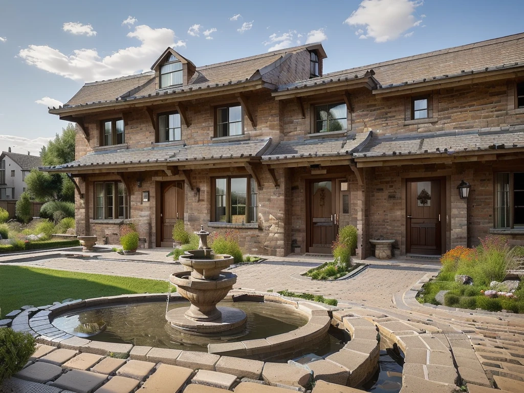 (((Masterpiece))), (high quality),(Small Western-style building,One-storey,Cobblestone garden:1.5),(Broken small fountain,There is no water coming out:1.2),(There is no one here:1.2),(Long Shot,Photograph the entire Western-style building:1.5)