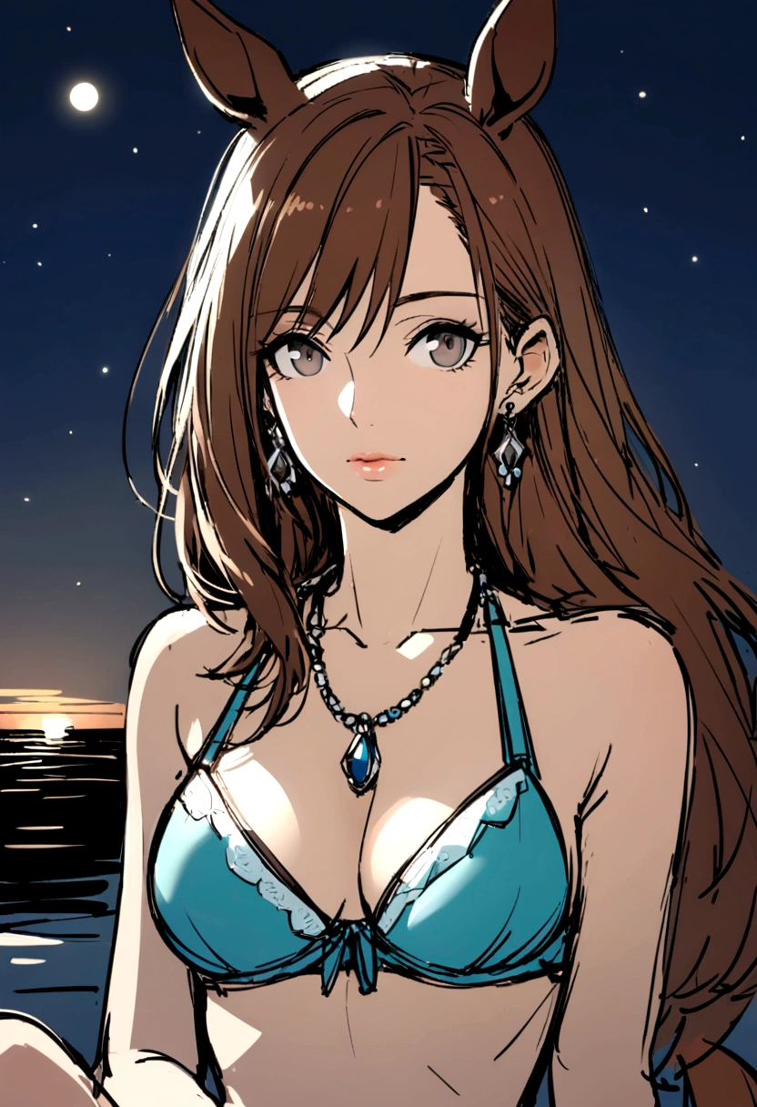 slender, mature female,slender, mature female,sketch, 1girl, rating:safe, necklace, long_hair, jewelry, solo, brown_hair, flower, lips, breasts, cleavage, medium_breasts, bikini_top, swimsuit, night, bikini, collarbone, sitting, looking_at_viewer, bra, underwear, grey_eyes, dress, pendant, small_breasts, upper_body, sky, looking_away, brown_eyes, night_sky, earrings, midriff, closed_mouth, animal_ears, horse_ears, horse_girl, horse_tail, 