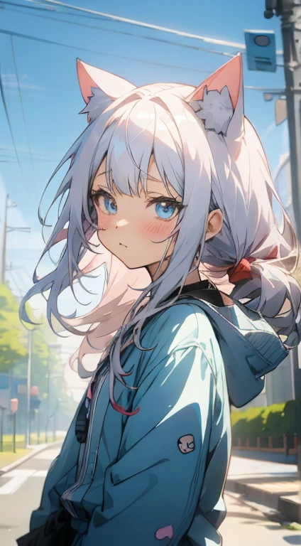 Anime girl with white hair and blue eyes wearing cat ears, anime Cat girl, anime Cat-eared girl, beautiful anime Cat girl, cute anime Cat girl, Cat girl, Cat-eared girl, nyaruko-san, 白Cat girl, Anime Cat, Anime-style artwork, Anime style portrait, Anime Moe Art Style, Anime art style