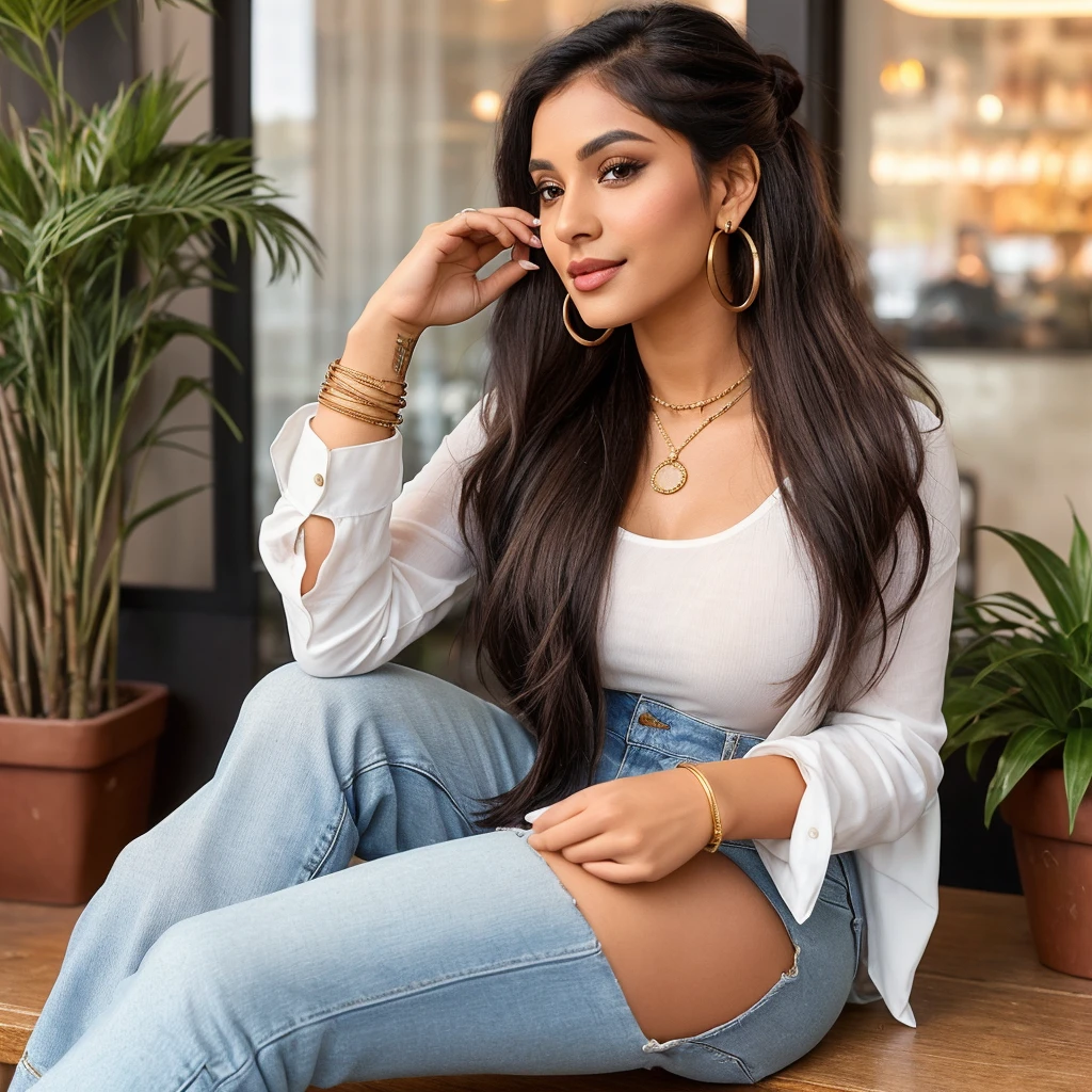 Create an ultra-realistic image of a modern, attractive female influencer of Indian descent, aged between 27 to 30. She should have a warm and inviting smile, expressive almond-shaped eyes with a slight shimmer, and clear, glowing skin with a medium brown complexion. Her features should be well-defined, with high cheekbones and a sharp jawline. Her hair should be long, thick, and wavy, with a natural shine and bounce, styled in a messy bun with a few strands framing her face. The hair should be dark brown with subtle golden highlights. She should have a slender yet athletic build, reflecting a healthy and active lifestyle, with a medium bust size (34-36 inches) that is balanced and proportionate. She is wearing a trendy kurta with jeans and a pair of juttis that complement her curves. Her outfit is completed with stylish black heeled sandals that add elegance to her look. She accessorizes with subtle yet chic jewelry, such as small hoop earrings and a few thin bangles. Her eyes should be bright light blue, creating a striking contrast. The background should be vibrant, featuring trendy coffee shops or cafes, suggesting a cosmopolitan lifestyle. Her overall appearance should exude confidence, approachability, and sophistication, capturing the essence of a contemporary Indian fashion influencer.
