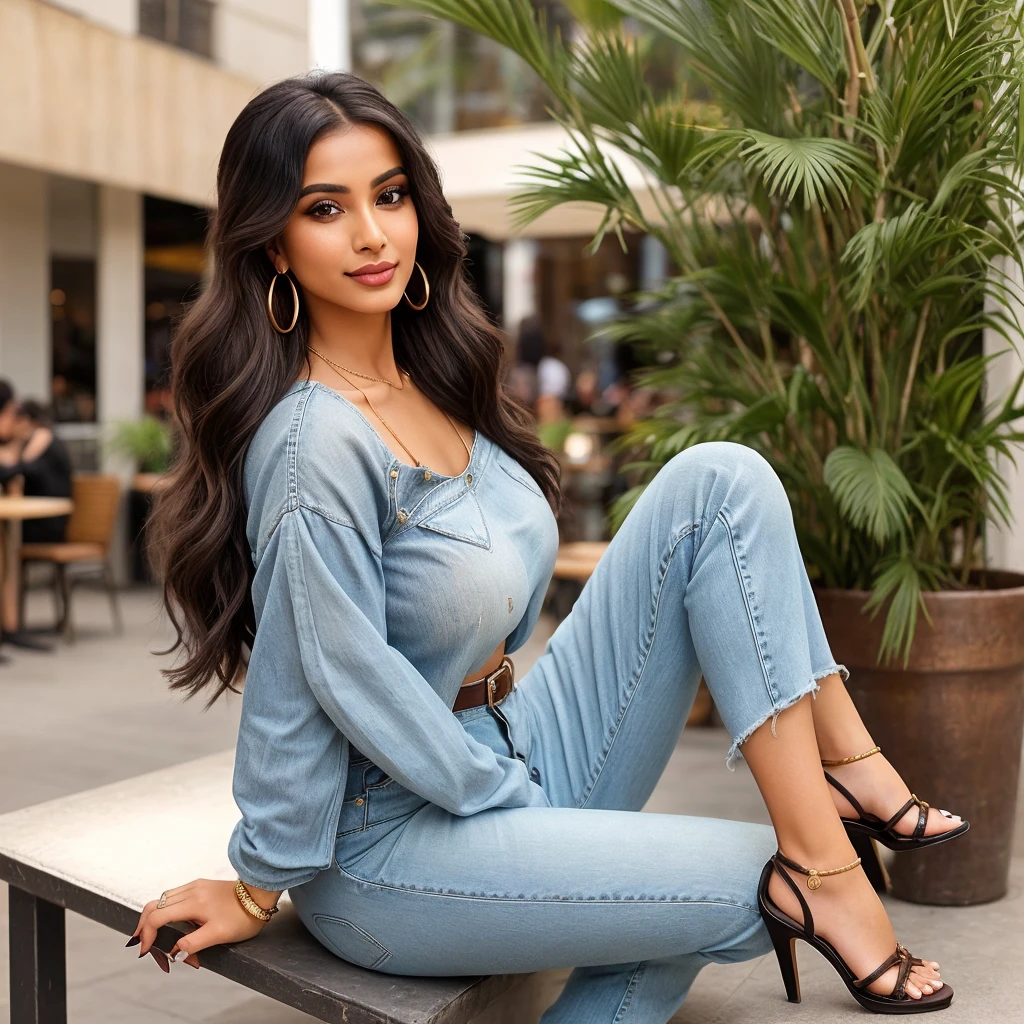 Create an ultra-realistic image of a modern, attractive female influencer of Indian descent, aged between 27 to 30. She should have a warm and inviting smile, expressive almond-shaped eyes with a slight shimmer, and clear, glowing skin with a medium brown complexion. Her features should be well-defined, with high cheekbones and a sharp jawline. Her hair should be long, thick, and wavy, with a natural shine and bounce, styled in a messy bun with a few strands framing her face. The hair should be dark brown with subtle golden highlights. She should have a slender yet athletic build, reflecting a healthy and active lifestyle, with a medium bust size (34-36 inches) that is balanced and proportionate. She is wearing a trendy kurta with jeans and a pair of juttis that complement her curves. Her outfit is completed with stylish black heeled sandals that add elegance to her look. She accessorizes with subtle yet chic jewelry, such as small hoop earrings and a few thin bangles. Her eyes should be bright light blue, creating a striking contrast. The background should be vibrant, featuring trendy coffee shops or cafes, suggesting a cosmopolitan lifestyle. Her overall appearance should exude confidence, approachability, and sophistication, capturing the essence of a contemporary Indian fashion influencer.