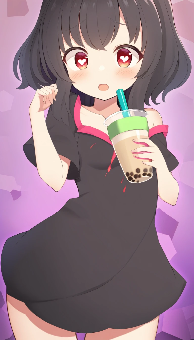 high quality、neon color palette、High-level image quality、Cute girl、Unprecedented volume、Anime Style、Geometric background、Label Style、wide、Black fur、Red eyes, Heart-shaped pupils., Wavy fur, Until death, Loose-fitting clothing, Black Dress, Red heart-shaped neckline, self-harm, teacher, dark, dark eyes, Blood, Spooky, eroteacher, devilの角, dark circles, neon, Eye fatigue, Bubble tea, We're screwed, Retro, scared, devil, eyeball, Ghost, Horror, Bloodied, colourful Blood, We're screwed