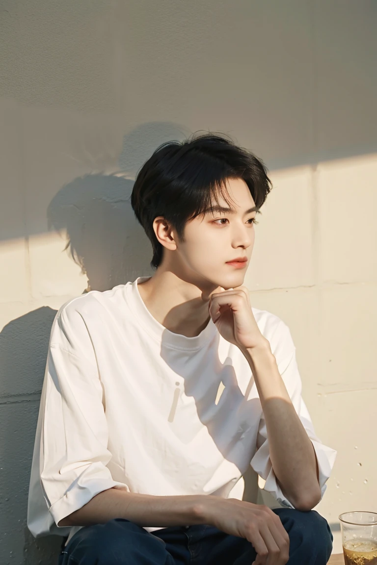 Nansheng,One boy,alone,Male Focus,,Day,Realistic,shirt,Grass,Upper Body, Tshirt,Mouth closed,(Best Shadow),Complex, bright, Lens Distortion Correction,(Best Shadow),Complex, bright, Lens Distortion Correction、Cafe、profile、Face down