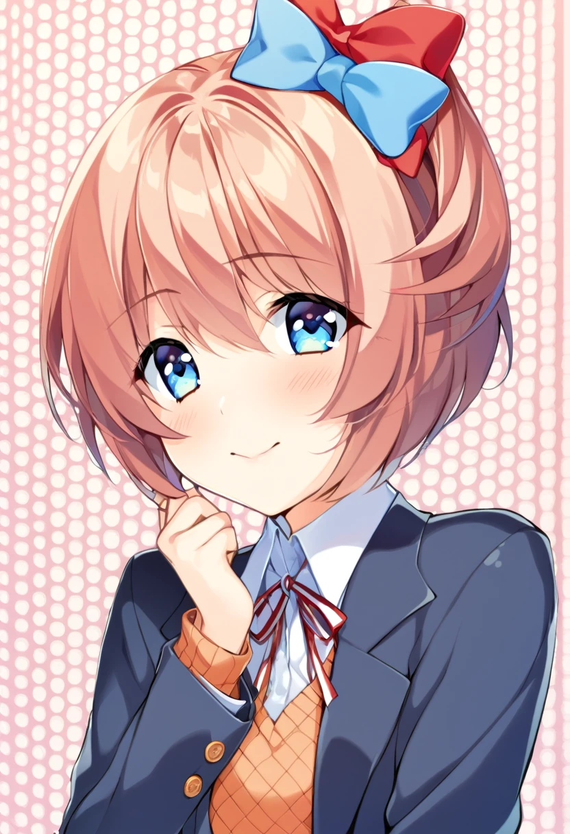 one girl, lovely, boyish, blazer, hair bow, Sayori, my childhood friend, cute, short hair, blush, light blue eyes, cheerful girl, love me, careless girl