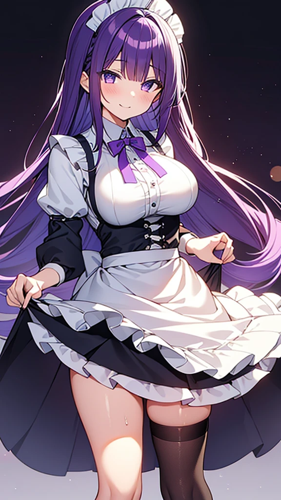 最high quality, high quality, pretty girl, alone, beautiful purple hair, Beautiful purple eyes, Big Breasts, A light smile, Maid clothes, I'm lifting my skirt, My crotch is wet with love juice, NSFW