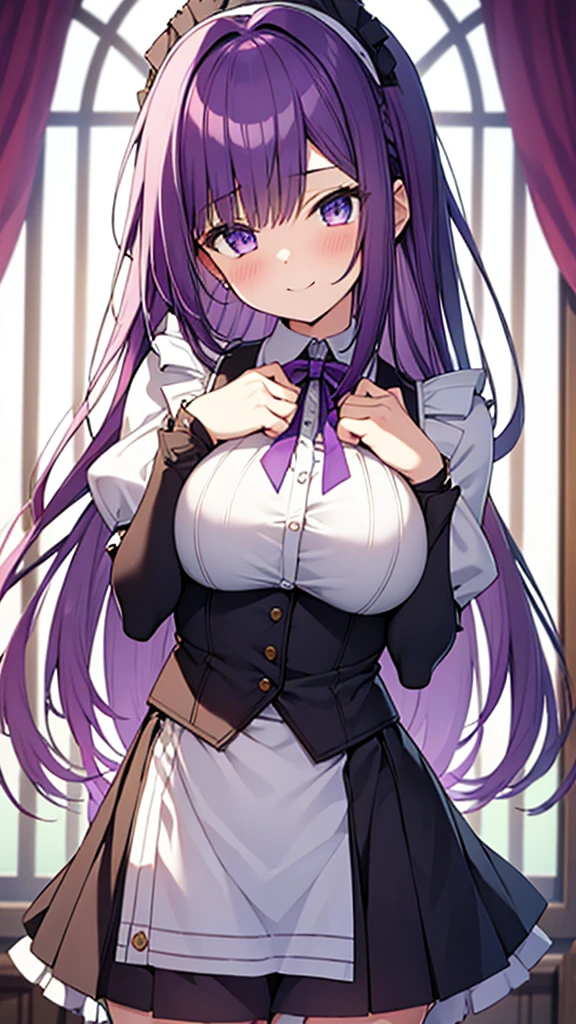 最high quality, high quality, pretty girl, alone, beautiful purple hair, Beautiful purple eyes, Big Breasts, A light smile, Maid clothes, I'm lifting my skirt, My crotch is wet with love juice, NSFW