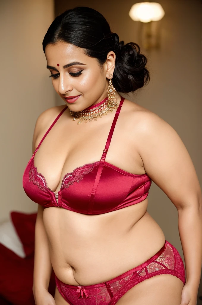 Imagine a captivating artistic portrayal of Vidya Balan embodying a sultry and confident persona. Her hair, styled with Synthetic Messy Hair Bun Extensions in big, curly elastic scrunchies, adds a playful yet elegant touch. She stands in a 'posture without any posture,' exuding allure and grace. The scene subtly explores the concept of 'the large canal between the two breasts,' symbolically represented through the provocative Kaei&Shi Sexy Bra And Panty Sets and Peekaboo Choker Cutout Tassel Underwire Strappy Lingerie in Valentines Day Red. Picture her wearing the Matching Thong 3 Piece Lingerie Set, celebrating her curves and sensuality as a plus-size MILF exhibitionist amorous lady with small breasts. This concept merges bold fashion with artistic expression, capturing the essence of confident femininity and individuality