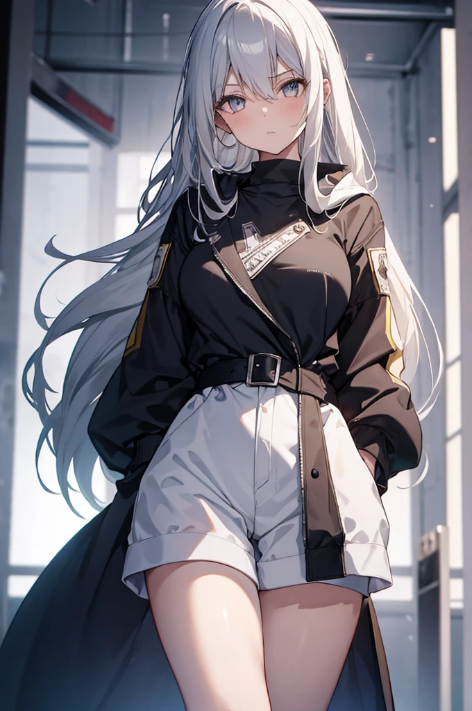 1girl, {Solitary}, Upper Body ,{{ {Watching at viewer}}}, Arms at your sides, Concept Art, white Background, simple Background, White hair, Silver gradient hair , Composite cloth, Asymmetrical clothes, Virtual YouTuber, best quality, masterpiece, Dynamic Angle, guilty gear, guilty gear, guilty gear, cowboy_shooting, Watching_Back, grab, girl,Miss,woman, young,20 years old, Very long hair, Hair Flip, Silver Hair, Flowing hair, Ahog, giggle, Beautiful and delicate golden eyes, teeth, Moderate_breast, Blonde eyes, White skin, coat, hoodie, Black_shorts, Gray clothes, transparent_Background, Backlighting, absurd, high resolution, Extremely detailed,sweater