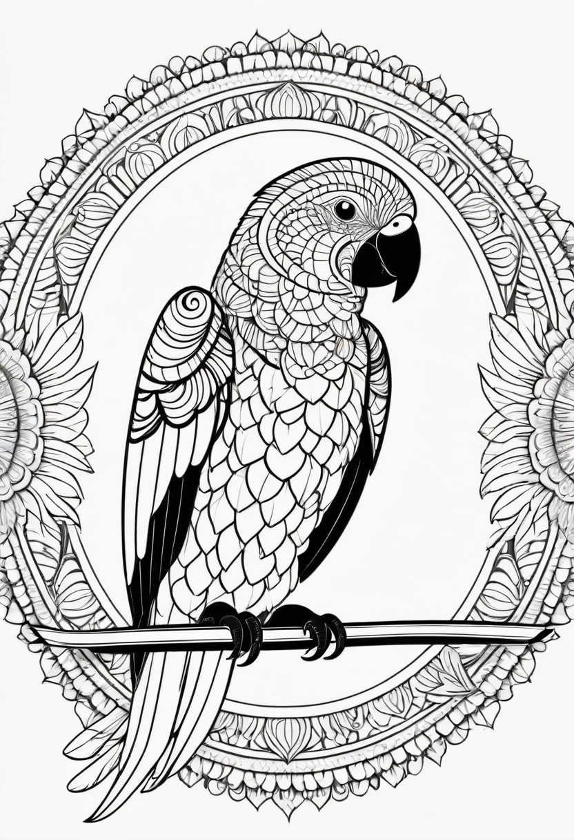happy white and black parrot, Simplified Mandala style, outline, vector, white background