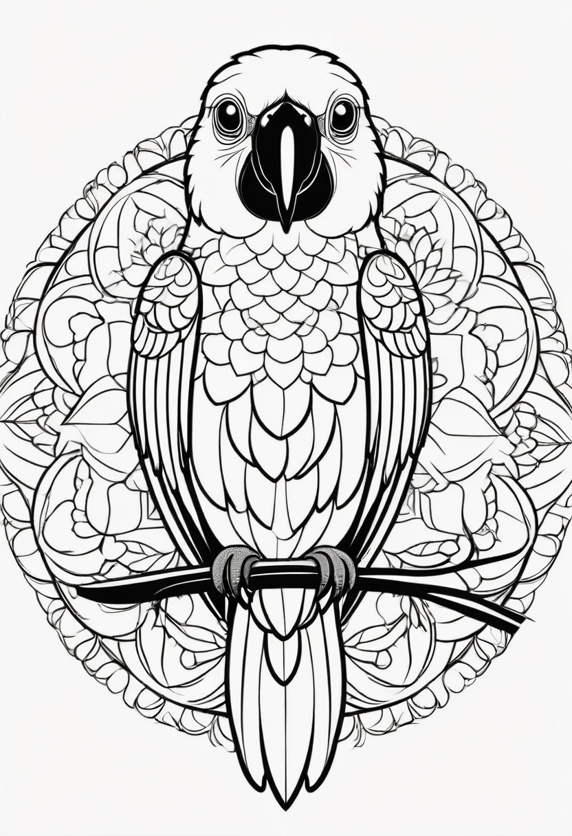 happy white and black parrot, Simplified Mandala style, outline, vector, white background