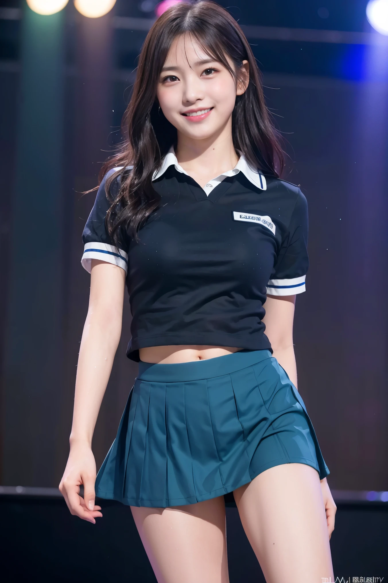 (8k), (highest quality: 1.2), (Realistic), (Realistic: 1.37), Ultra-high resolution, 1 girl, cute, (Embarrassed smile:1.2), (Blushing:1.4)Mouth closed, Beautiful details, Beautiful Nose, Wet Hair, Giant Dulcefo, pork, Thighs,Navel exposed,University Student Uniform,A simple ノースリーブシャツ,Pleated skirt,Platform boots,Dancing on the school stage,(Shiny Thighs:1.2),Medium Shot,Thick thighs,黒いニーハイタイツ