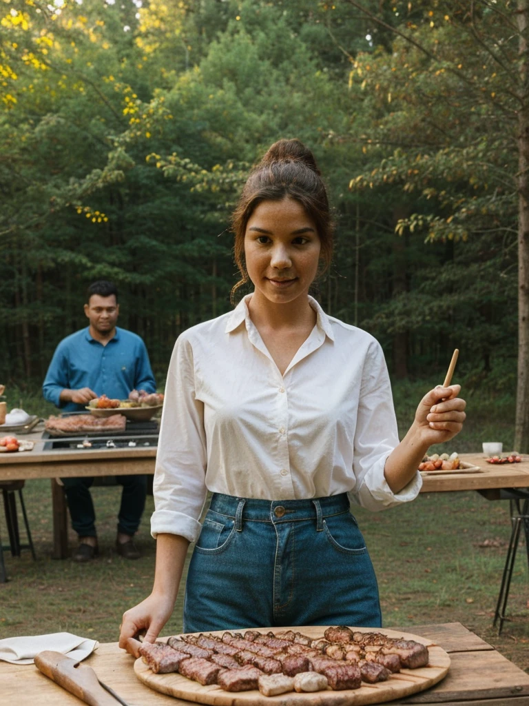a beautiful woman in a white shirt,outdoor cooking meats,camping in the forest,bbq,campfire,smoke,pine trees,sunlight,golden hour,warm colors,detailed face and eyes,detailed clothing,realistic,photorealistic,masterpiece,8k,high quality,cinematic lighting