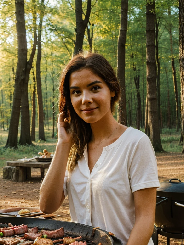 a beautiful woman in a white shirt,outdoor cooking meats,camping in the forest,bbq,campfire,smoke,pine trees,sunlight,golden hour,warm colors,detailed face and eyes,detailed clothing,realistic,photorealistic,masterpiece,8k,high quality,cinematic lighting