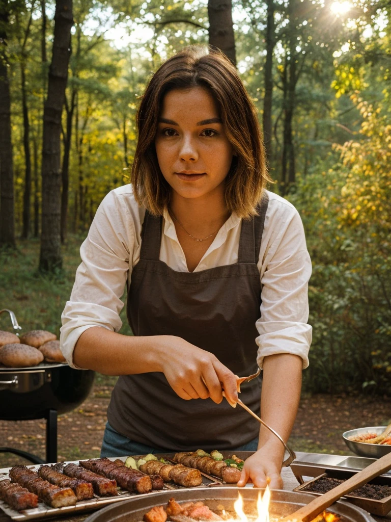 a beautiful woman in a white shirt,outdoor cooking meats,camping in the forest,bbq,campfire,smoke,pine trees,sunlight,golden hour,warm colors,detailed face and eyes,detailed clothing,realistic,photorealistic,masterpiece,8k,high quality,cinematic lighting