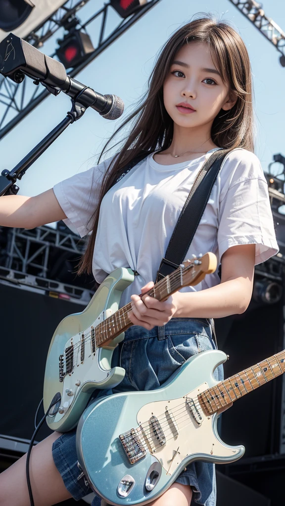 ((Beautiful girl playing electric guitar on stage at school festival:1.2)), Daytime outdoor live performance, Outdoor Spectators, Huge excitement, (Table Top), (Highest quality, 8K, masterpiece:1.2, RAW Photos), (Realistic:1.2), Japanese, (Innocent face, beautiful girl:1.2, Baby Face:1#39;s face), Stand with your feet apart, Thin thighs, Knee-high, ((Panty Shot:1.3)), (Cute tank top and mini pleated skirt:1.2), (Beautiful breasts, Fascinating Cleavage:1.3), Silky beautiful hair, Short pigtails, ((Detailed eyes and face:1.2, Professional photography techniques, Stage lighting)), (Detailed hands, A girl's small and beautiful hands:1.2), ((There's only one guitar))