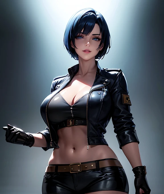 top-quality masterpiece 超A high resolution Blue color hair Colossal tits leather jackets leather pant cyberpunked a smile