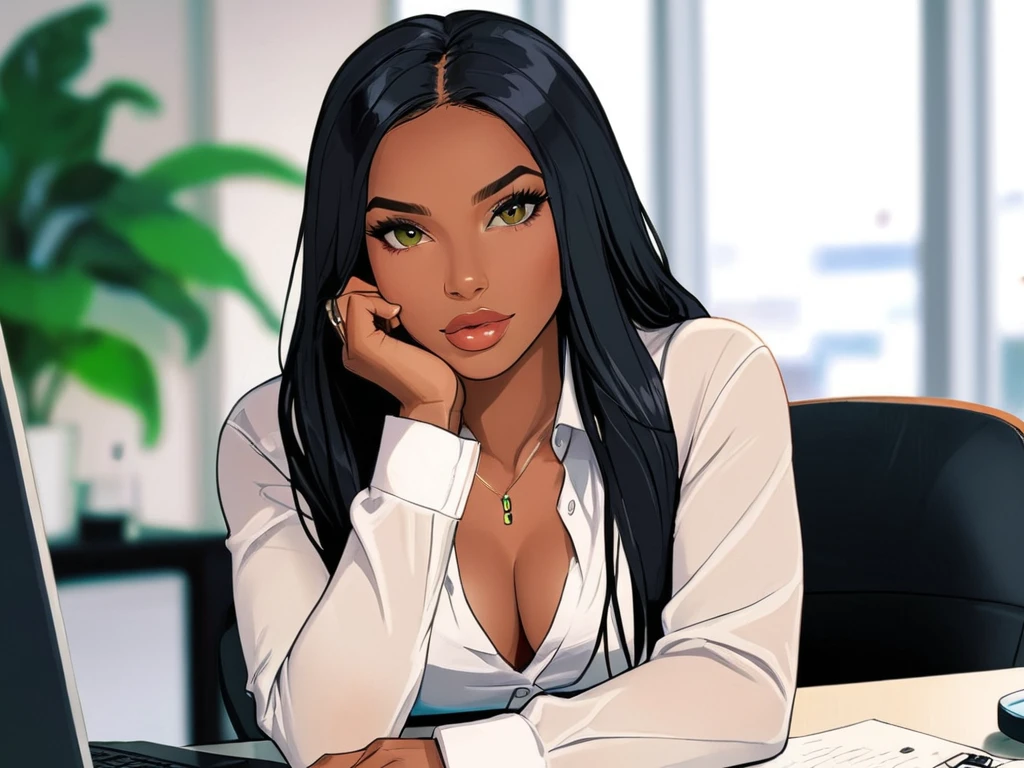 Female Jamaican, insta model, athletic, green eyes, long black hair, white shirt, sat at desk, drinking coffee, office
