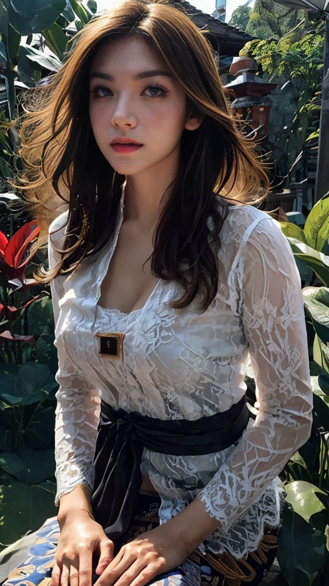 1 Indonesian-Dutch girl, 25 years old, long fashion hair, fit body, small cleavage, skintight black lace kebaya, batik skirt, highly detailed, ultra hd, 8k, detailed face, bright eyes, perfect eyes, detailed lips, sexy lips, perfect hands, dynamic angle, cowboy shot, (hyperrealistic), (illustration), (high resolution), (8K), (extremely detailed), (best illustration), (beautiful detailed eyes), (best quality), (ultra-detailed), (masterpiece), (photorealistic), (natural light), (detailed face), (high detailed realistic skin texture), (anatomically correct), (solo), (high detailed realistic hair), (caramel hair), (heterochromic eyes), (detailed eyes), (brown eyes), (realistic big breasts), (slender abs), (dynamic pose), (closed tiny mouth), (concentrated expression), (dimple), (a girl playing in the garden), (wet clothes), (transparent clothes)