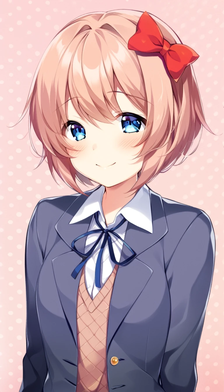 one girl, lovely, boyish, blazer, hair bow, Sayori, my childhood friend, cute, short hair, blush, light blue eyes, cheerful girl, love me, careless girl, laugh cutely