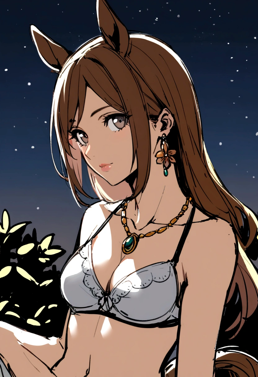 slender, mature female,slender, mature female,sketch, 1girl, rating:safe, necklace, long_hair, jewelry, solo, brown_hair, flower, lips, breasts, cleavage, medium_breasts, bikini_top, swimsuit, night, bikini, collarbone, sitting, looking_at_viewer, bra, underwear, grey_eyes, dress, pendant, small_breasts, upper_body, sky, looking_away, brown_eyes, night_sky, earrings, midriff, closed_mouth, animal_ears, horse_ears, horse_girl, horse_tail, 