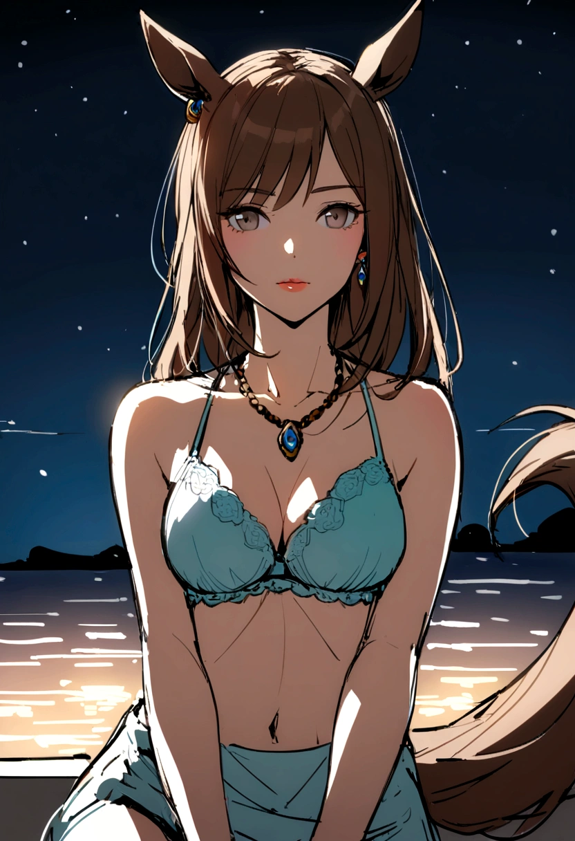 slender, mature female,slender, mature female,sketch, 1girl, rating:safe, necklace, long_hair, jewelry, solo, brown_hair, flower, lips, breasts, cleavage, medium_breasts, bikini_top, swimsuit, night, bikini, collarbone, sitting, looking_at_viewer, bra, underwear, grey_eyes, dress, pendant, small_breasts, upper_body, sky, looking_away, brown_eyes, night_sky, earrings, midriff, closed_mouth, animal_ears, horse_ears, horse_girl, horse_tail,