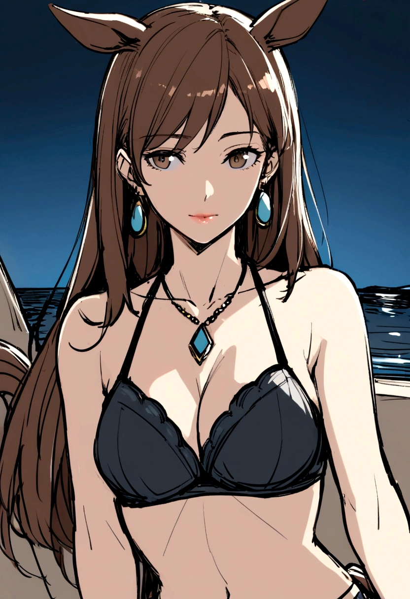 slender, mature female,slender, mature female,sketch, 1girl, rating:safe, necklace, long_hair, jewelry, solo, brown_hair, flower, lips, breasts, cleavage, medium_breasts, bikini_top, swimsuit, night, bikini, collarbone, sitting, looking_at_viewer, bra, underwear, grey_eyes, dress, pendant, small_breasts, upper_body, sky, looking_away, brown_eyes, night_sky, earrings, midriff, closed_mouth, animal_ears, horse_ears, horse_girl, horse_tail,