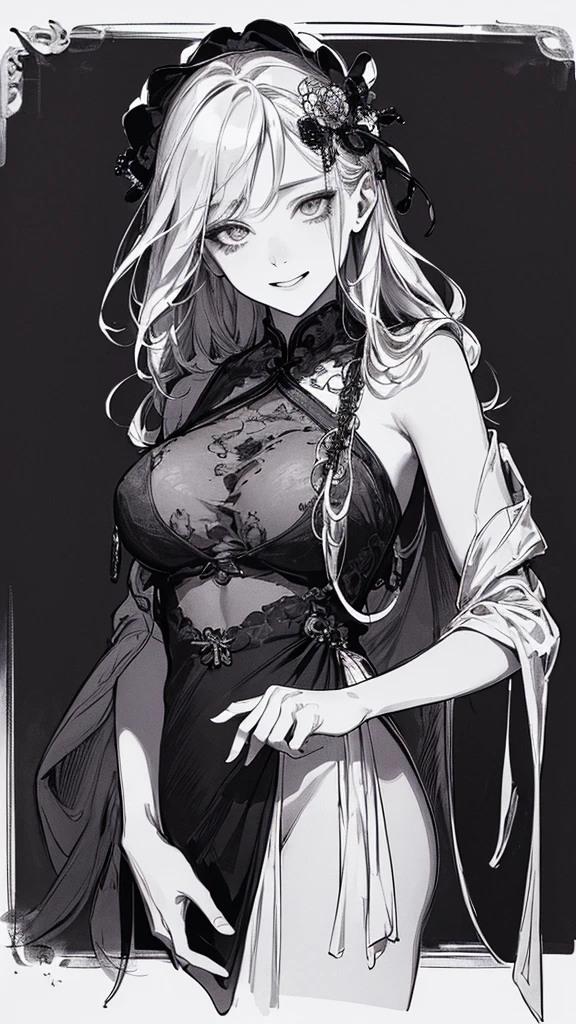 Highest quality, (Background details), High Contrast, Very beautiful woman, Detailed original illustrations、functional、Priest、White Robe、Si Jiaoguan、Delicate face、Charm、Villainess、sexy、Real breasts、Crazy Smile, Crazy Eyes, Black background, (Black background: 1.5), Beautiful line art、Monochrome