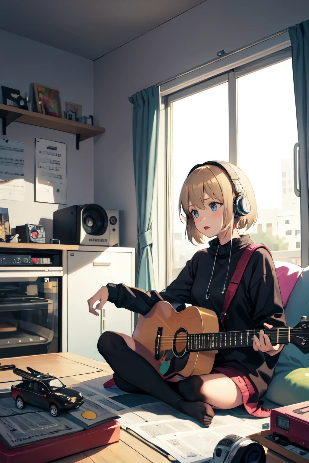 woman, One person, Window, Headphones,View sheet music, Electric guitar, Toy small car, animation, An illustration,