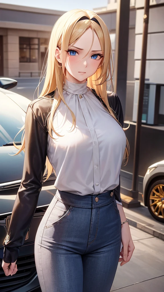 Blond hair, blue eyes, straight hair, forehead showing, combed back hair, hair band, rich, properly dressed, serious, necklace, in front of expensive car, expensive car, clutch bag,
outside, city, high neck silk blouse, green blouse, high waisted trousers, high waisted pants, braclet, cashmere cardigan, blush, ultra-detailed, absurdres, unreal engine, masterpiece, best quality, beautiful eyes, volumetric lighting, silky_hair), best quality, ultra-detailed, solo, looking at viewer, highres, 8k wallpaper, extremely detailed, smooth lighting, 8k, depth of field, masterpiece, cinematic lighting,