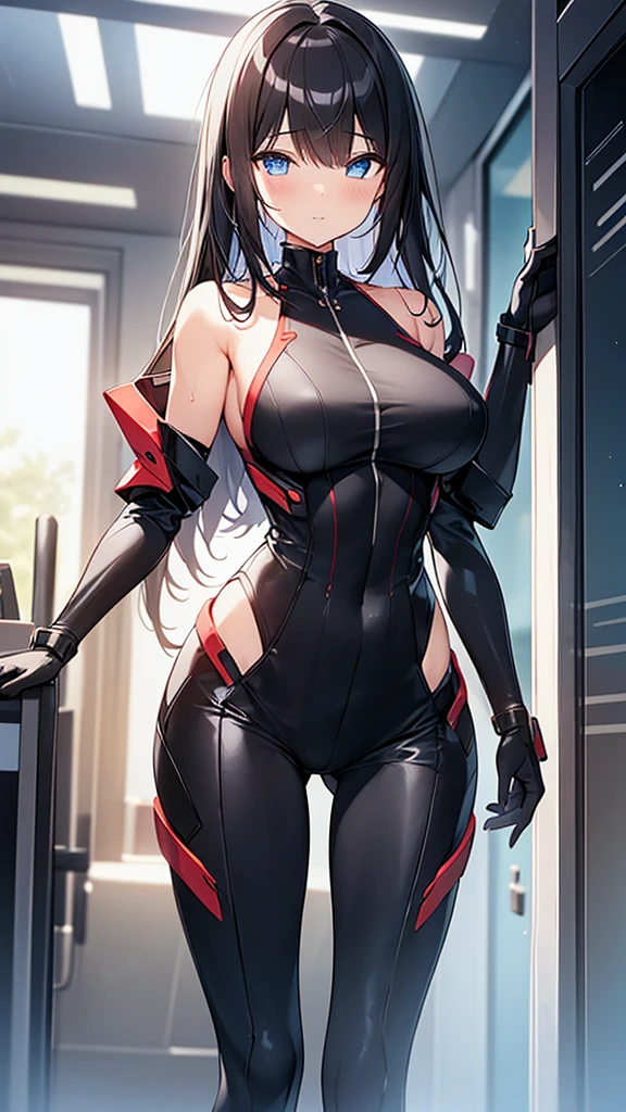 (Highly detailed CG Unity 8k wallpaper,masterpiece, Biological, whole body),(Best lighting, Best Shadow, Very delicate and beautiful),(One girl),blue eyes, Big Breasts, Black Hair,Red and black off-the-shoulder revealing high-cut SF bodysuit,Neck Seal,High-tech sci-fi corridor, Dynamic pose, Detailed Machinery, Sleek design.,My crotch is wet, {{An extraterrestrial lifeform preys on girls and takes their place、Her breasts are bigger than a real girl&#39;s}}, Unknown sensation, Feels good, Vigorous movement, more, instinct, Female fall, Bouncing chest, loose, loose, Next to a real girl skeleton, NSFW